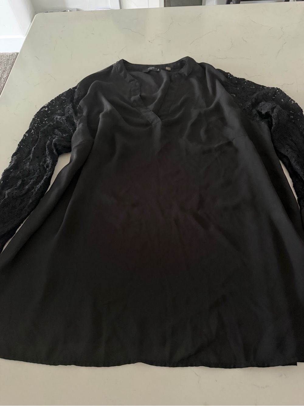 Tahari Black V-Neck Top with Lace Sleeves